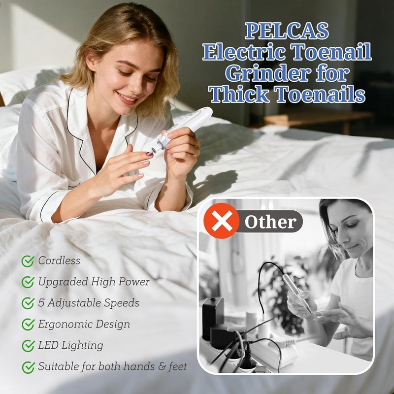 PELCAS Electric Nail File, 5 Speeds Manicure and Pedicure Kit, Cordless Nail Drill, Toenail Grinder for Thick Toenails with LED Light, Dremel Tool Kit for Human, Pet, Toenails, Natural & Acrylic Nails - Image 3